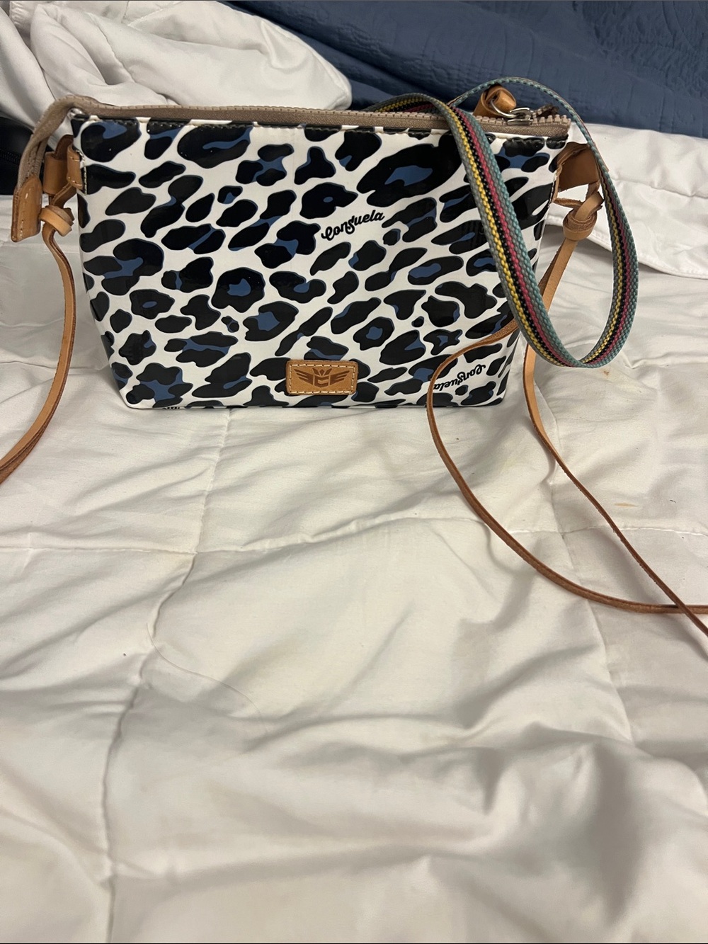 Consuela Blue and Black Leopard Patent Crossbody with Tan Trim
